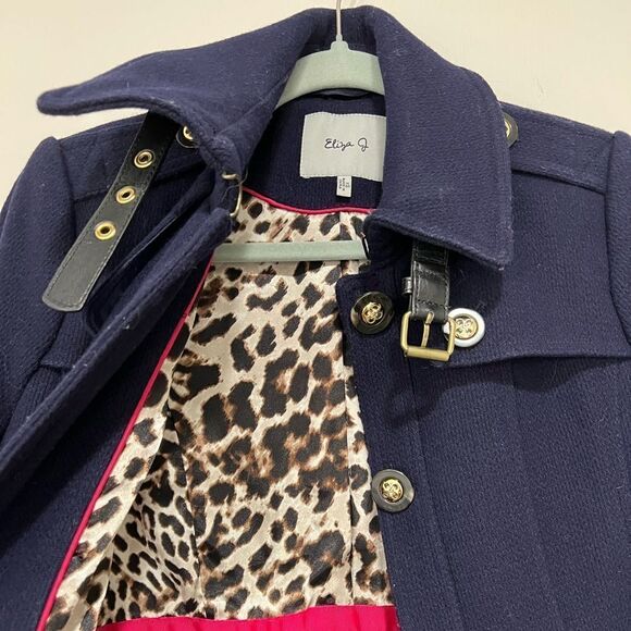 Eliza J Wool-Blend Coat - Navy, Size XS, Belted, Gold Buttons, Leopard Lining - Picture 11 of 13